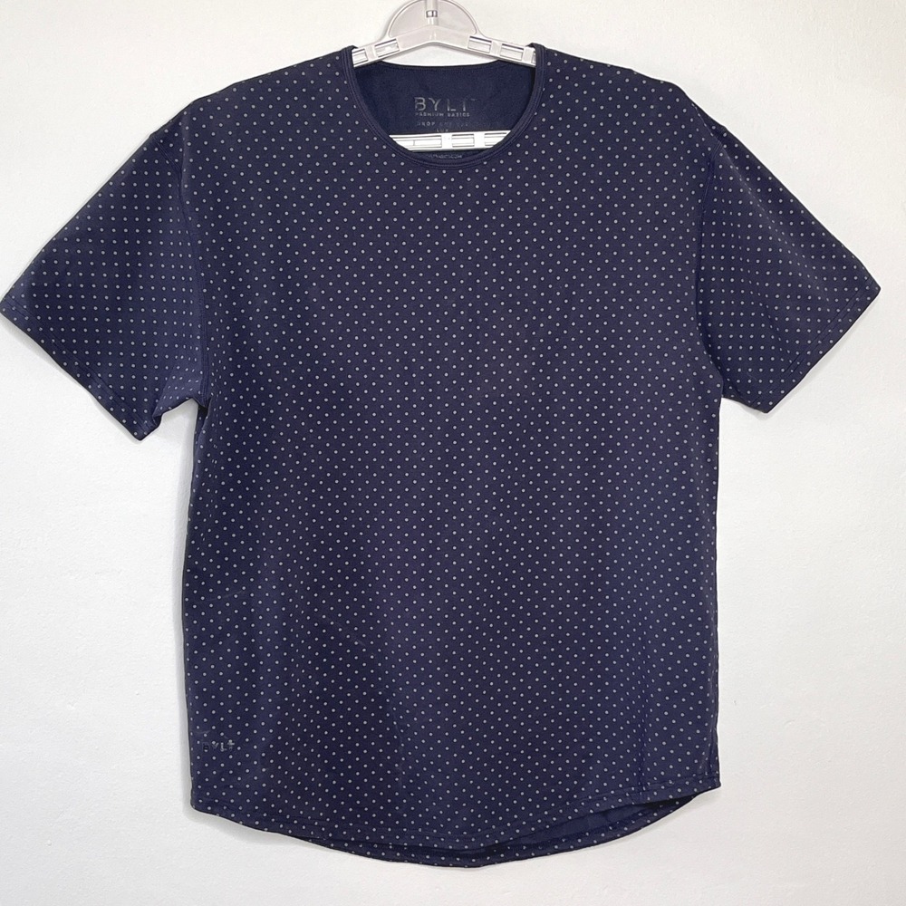 BYLT Basics Premium T Shirt Navy Blue Polka Dot Pattern